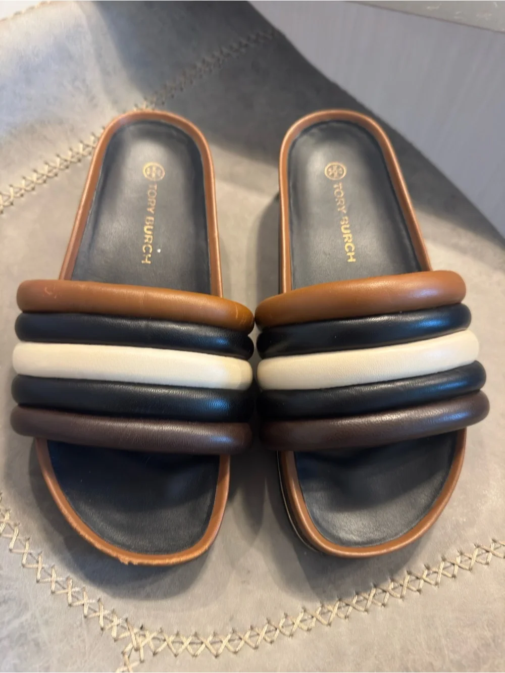 Tory Burch platform puffyMulti-Strip Padded Slide Sandals - Brown, Black & Cream